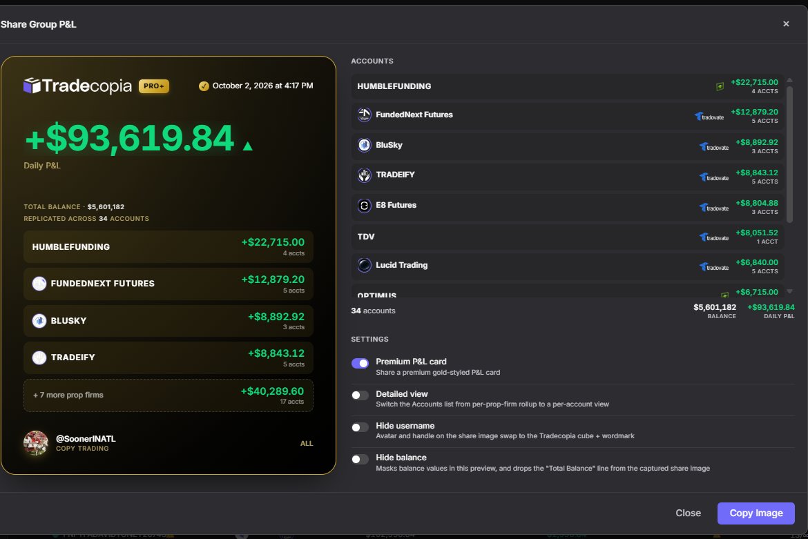 Screenshot attached to @SoonerINATL's October 2, 2026 X post summarizing multi-firm trading progress