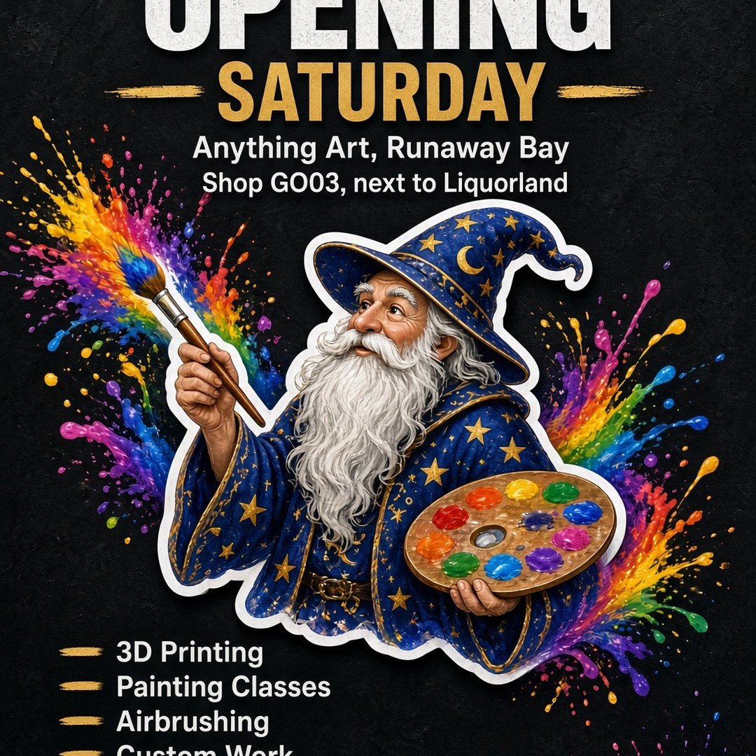 chrishalloran10's tweet photo. Anything Art opens 10am today at Runaway Bay (G003, next to Liquorland). Still setting up — the shop grows as we print and create inside it. Come have a look.
https://t.co/HKlvfEhNVH
#AnythingArt #RunawayBay #GoldCoast #NowOpen https://t.co/7tLM6Ev4im