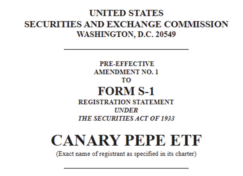 EricBalchunas's tweet photo. Canary just amended their Pepe ETF filing... arguably another sign crypto winter has ended. You just weren't going to even think about launching a Pepe ETF a few months ago. Feels safer to test market now. https://t.co/7UBxit0m2y