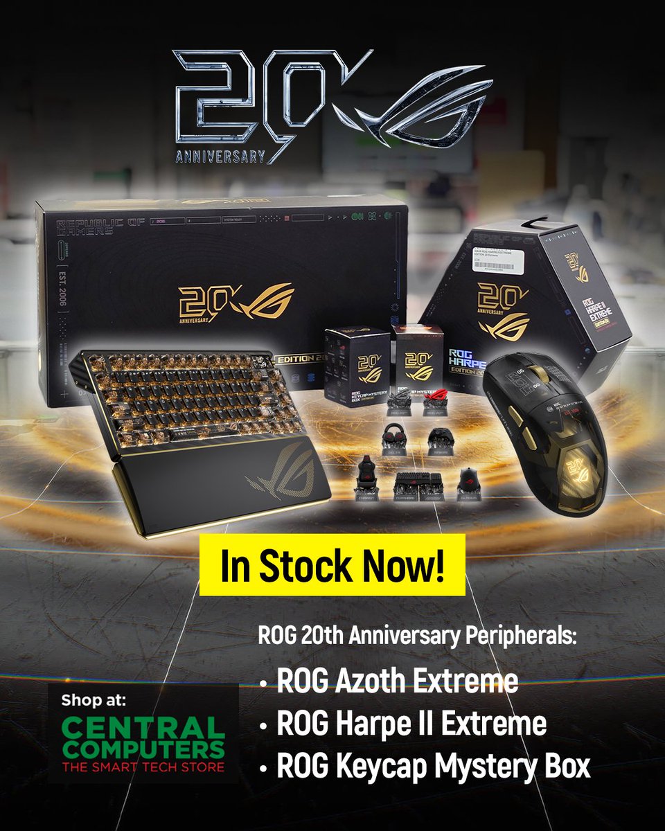 centralcomputer's tweet photo. Celebrate 20 years of @ASUS_ROGNA with the ROG Edition 20 peripherals, now in stock:

 • ROG Azoth Extreme 
 • ROG Harpe II Extreme
 • ROG Keycap Mystery Box

Available Now:
🔗 https://t.co/aG7jXfLKF9

#centralcomputers #asus #rog #rogedition20 #pcgaming https://t.co/civClDlEwq