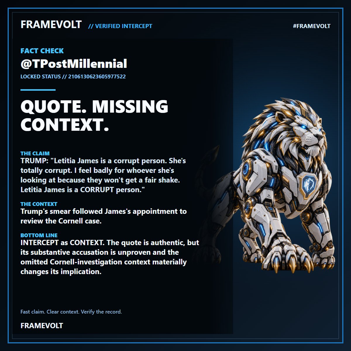 EdwardCScohay1's tweet photo. @TPostMillennial ⚡ FRAMEVOLT FACT CHECK: QUOTE. MISSING CONTEXT.. Trump's smear followed James's appointment to review the Cornell case. #FRAMEVOLT https://t.co/J9YBSNVHqf