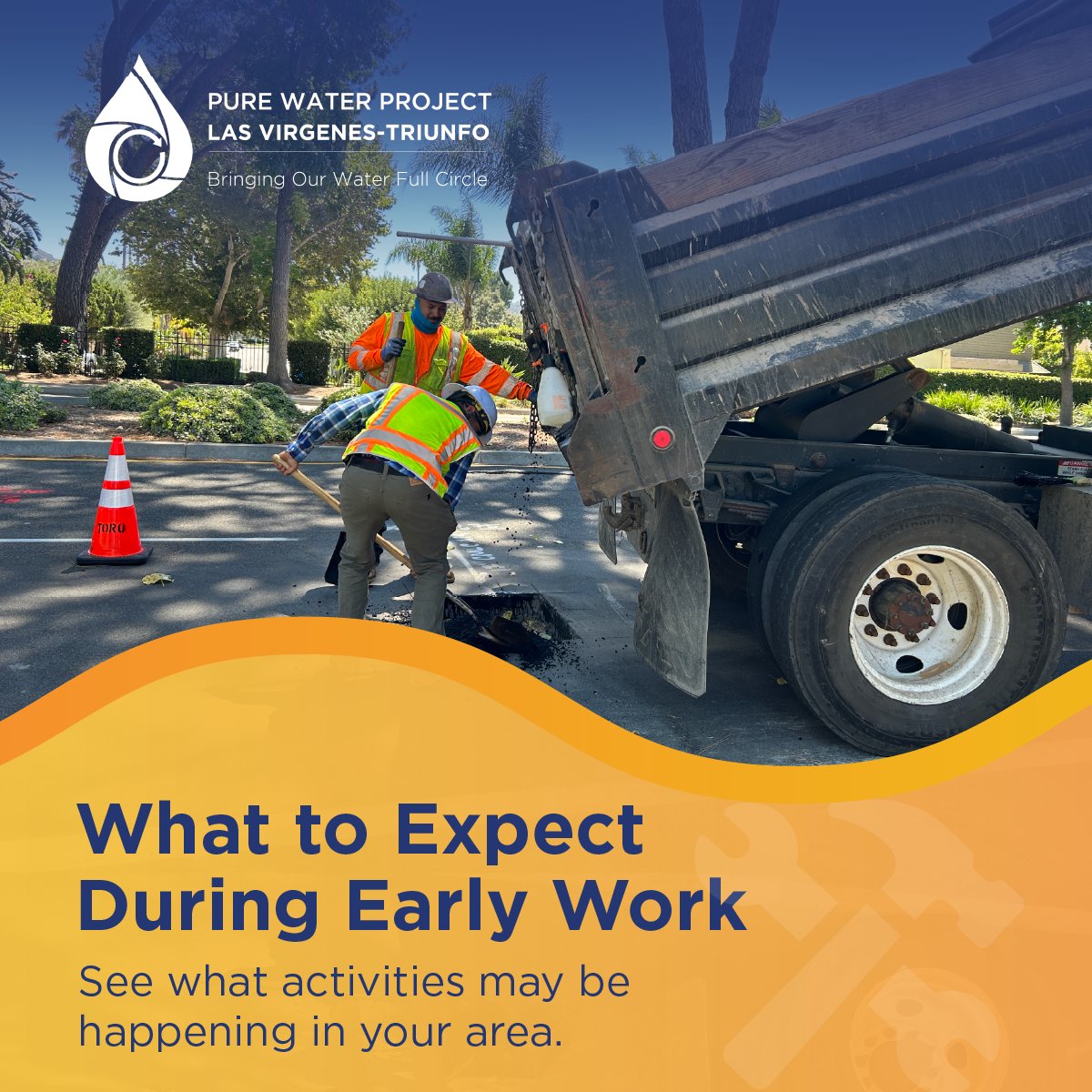 ourpureh2o's tweet photo. Construction is underway for the Pure Water Project Las Virgenes–Triunfo. Early construction activities may include potholing, pipeline excavation and installation, surveying, site preparation, and traffic control.

Swipe to see what you may notice near project work areas. https://t.co/DZYL5cnavG