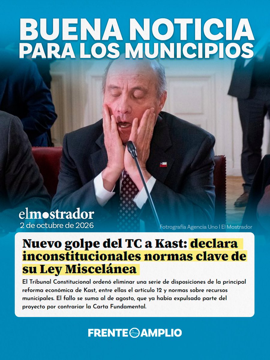 elfrente_amplio's tweet photo. Nuevo golpe del TC a la megareforma de Kast y Quiroz.

El Tribunal declaró inconstitucionales normas clave sobre indemnizaciones y financiamiento municipal.

Se les advirtió. El Fondo Común Municipal existe para corregir desigualdades, no para beneficiar a las comunas más ricas.

Una buena noticia para el municipalismo y otra derrota para el Gobierno.