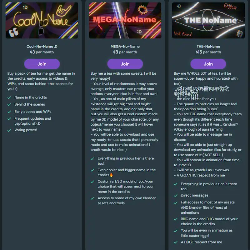 RNNRandomNoName's tweet photo. I've finally got to set up those membership tiers.
Tried to not make them look like some corporate subscription slop for the love of life😭
I think they look quite cool, what do you think? 
Would you give me all of your money when you see that? https://t.co/IlG6itUEU1