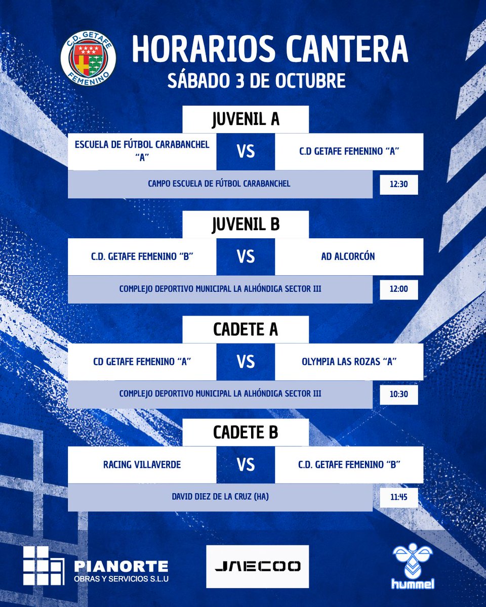 getafefem's tweet photo. ⚽ 𝐇𝐎𝐑𝐀𝐑𝐈𝐎𝐒 𝐂𝐀𝐍𝐓𝐄𝐑𝐀

Estos son los horarios de nuestra cantera este fin de semana. 

#getafefem #VamosGetafe #Azulesmicolor #OrgulloAzulón https://t.co/G9oYHEDMyu