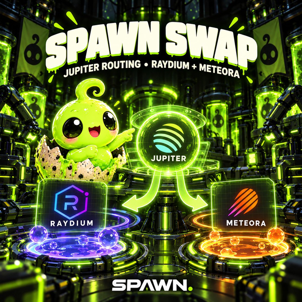 SpawnMemeX's tweet photo. SPAWN is building for traders too.

Spawn Swap uses Jupiter routing to compare available Raydium and Meteora liquidity for SOL pairs. Review the route, minimum received and fee before signing in your wallet.

Explore the tools as we prepare for launch. 🟢

https://t.co/G8a4BDDxHl https://t.co/mqvKBKxJKW