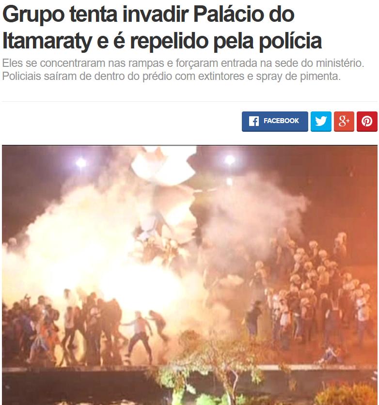sensoinc's tweet photo. Parece ocorrer em Brasília uma situação análoga à de junho de 2013, que citei em meu livro: ameaças de violência em prédios que não são considerados parte do território brasileiro.

Há 13 (!) anos, vândalos (a tal "minoria de") invadiu o Itamaraty nos protestos que começaram com preço da passagem de ônibus. O que o Ministério das Relações Exteriores tem a ver? Por que não o Ministério da Justiça, ali do lado?

É justamente o eixo central do meu livro: movimentos de massa (cf. Elias Canetti, Eric Hoffer, Ortega y Gasset etc) promovem o caos esperando a resposta das autoridades. É justamente quando um movimento se torna uma revolução, acusando a ordem institucional vigente de truculência. Por isso meu livro é contra a invasão de prédios públicos, mesmo com Dilma Rousseff lá dentro.

O Itamaraty seria estratégico em 2013, sendo um prédio diplomático. Não se alegaria mais uma "disputa" com a Polícia Militar: quem faz a segurança do Itamaraty é a Polícia Federal. A alavancagem do movimento seria estupenda, literalmente, do dia para a noite. Uma revolução não ocorreu no país apenas por algumas vidraças de distância.

Hoje, exatamente os 5 países da Five Eyes Alliance (EUA, Canadá, Reino Unido, Austrália e Nova Zelândia) fecharam as embaixadas com informações sobre o risco de atentados terroristas. A Alemanha também emitiu alerta sobre viagens ao Brasil. Israel e Argentina são esperados para os próximos dias.

Imagine se houver um atentado, geralmente de leve potencial ofensivo - mas o suficiente para causar pânico - contra uma embaixada americana - e um agente americano atua não dentro da embaixada, mas fora do prédio, em solo brasileiro, no fim-de-semana de uma eleição?

Não existe deixa mais perfeita para anular a eleição e alegar interferência estrangeira, gritando a nova palavrinha mágica para ser repetida pelo rebanho: "soberania".