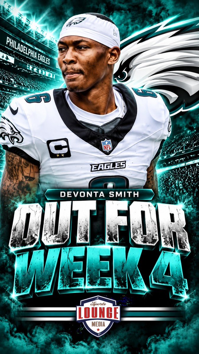 SportsLoungeEnt's tweet photo. DeVonta Smith OUT for Week 4 as the Eagles prepare for a huge matchup without Smitty! 🦅#DeVontaSmith #PhiladelphiaEagles #Philadelphia #FlyEaglesFly #SportsLoungeMedia https://t.co/8RVvQnu1yY