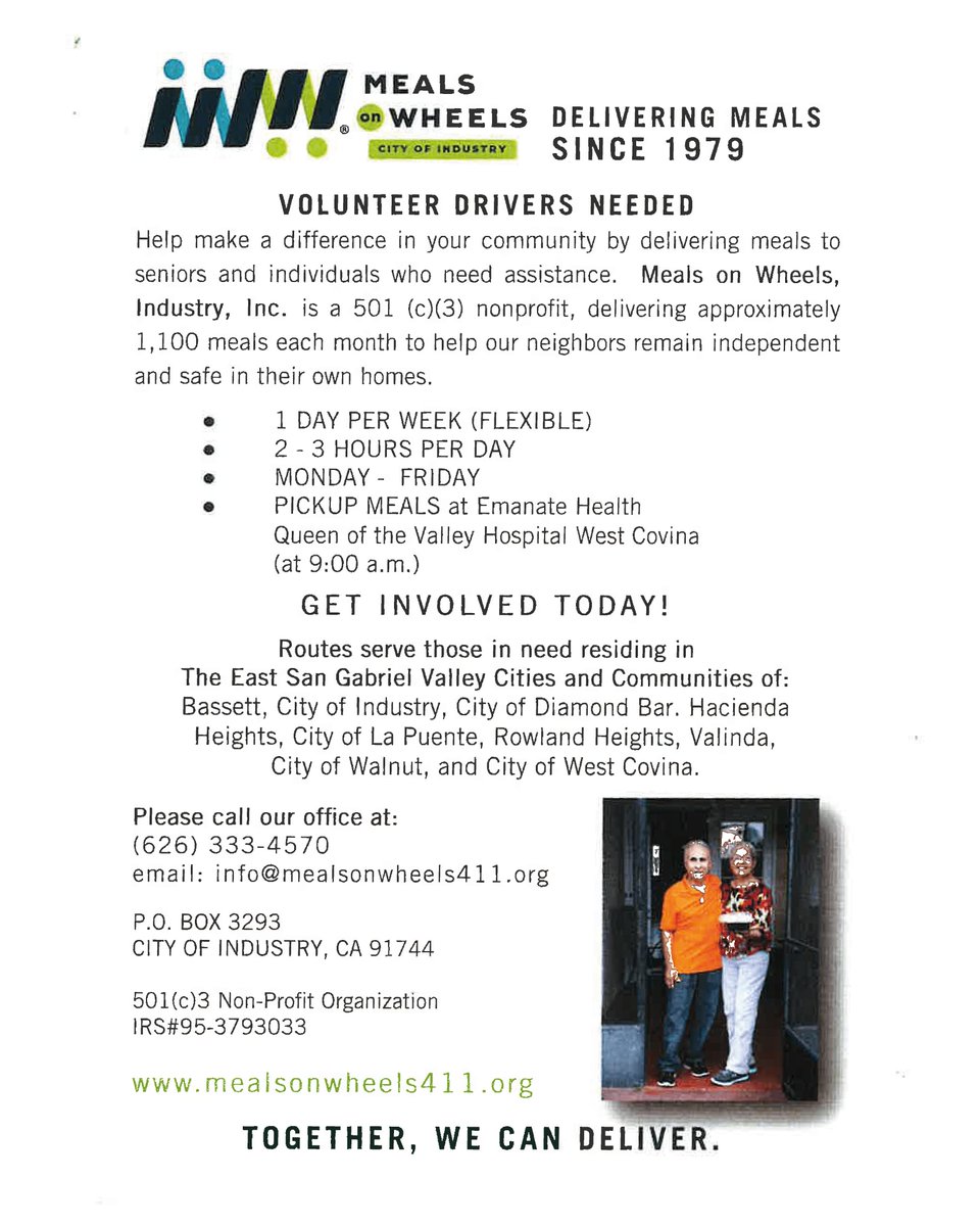 CityofLaPuente's tweet photo. 🙌 Join Meals on Wheels as a volunteer to deliver meals to seniors and those in need, providing nutritious food and supporting their independence.
If you’re interested in making a difference, please call (626) 333-4570.
#LaPuente #Volunteers #MealsOnWheels #Helping #Community https://t.co/E5bsJVj8H4