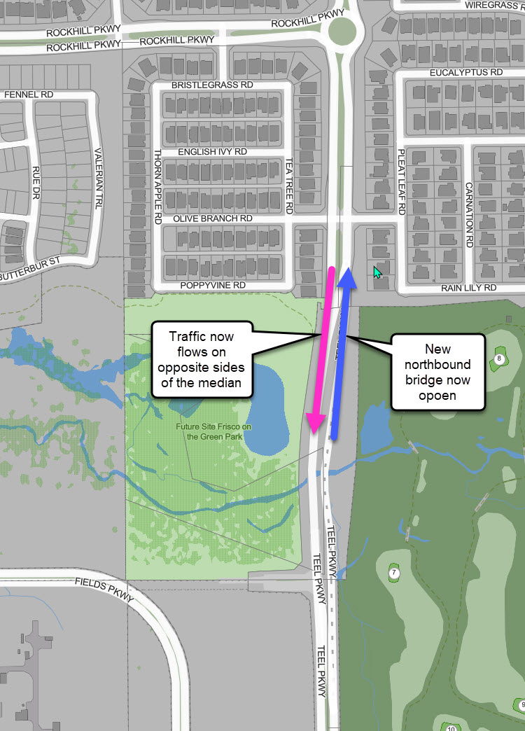 CityOfFriscoTx's tweet photo. Traffic patterns on Teel Pkwy. were modified today between Fields Pkwy. and Rockhill Pkwy. Traffic has been shifted to allow drivers to use the new northbound side of the bridge.

Previously, both directions shared the west half of the road, but after the switch, northbound and southbound vehicles now travel on opposite sides of the median.

For now, only one lane in each direction is open as work continues on the new bridge.

Drivers are urged to use caution in the construction zone as people adjust to the new traffic patterns.

@FriscoPD