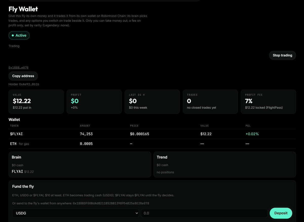 flydotai's tweet photo. Trader Flies are now live!   

Make sure you hold at least 200k flyai before you head to https://t.co/v0Ma8vVgnV to fund your NFT's to start autonomously trading.  
If you don't have a strategy we have multiple tested presets and many customizable settings.   

🪰 Here's some quick notes:

1. Each Trader Fly has its own wallet. You fund it with $10 USD minimum in either eth, usdg or flyai and the NFT can automatically trade live on Robinhood chain, Base, Poly Market and more!

2. Preset strategies are all paper tested with varied results. Trader Fly also offers several adjustable parameters so you may adapt your strategy and find what's best for you.

3. Any profits are yours until withdrawal. The platform will take a 10-0% fee which is reduced based on NFT rarity and the amount that you stake.

4. Lastly you may burn your Fly Pass which was airdropped to NFT holders to receive some money.

5. Powered by the @Treasure_DAO for extra added security!

More in depth information available on the website. Good luck! 🪰🌕
