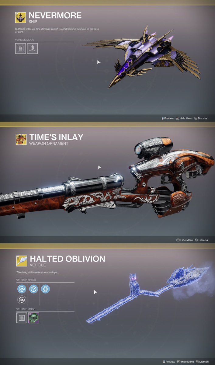 ALTRDECHO's tweet photo. ⚠️⚠️⚠️BANGER ALERT⚠️⚠️⚠️
Vex Mythoclast ornament that I didn't even know existed, raven ship, cat on a broom, dog emote, Erebos Glance. Getting Destiny 2 back is like losing my nemesis and I don't really know who to yell at anymore. So here's one to Pete Parsons: you still suck https://t.co/mJIP94RJM8