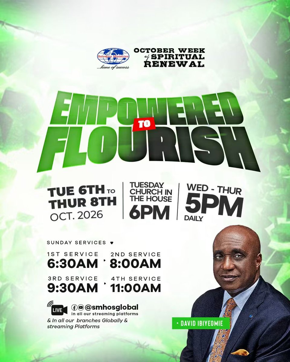 smhosglobal's tweet photo. Step into explosive, unhindered growth at October Week of Spiritual Renewal. Don’t watch from the sidelines, come expecting transformation, breakthrough, and a fresh Kingdom advantage. Mark the dates, invite someone, and be there! Tue 6PM; Wed–Thu 5PM. #SMHOS #OctoberWOSR2026 https://t.co/UzEmytCjZg