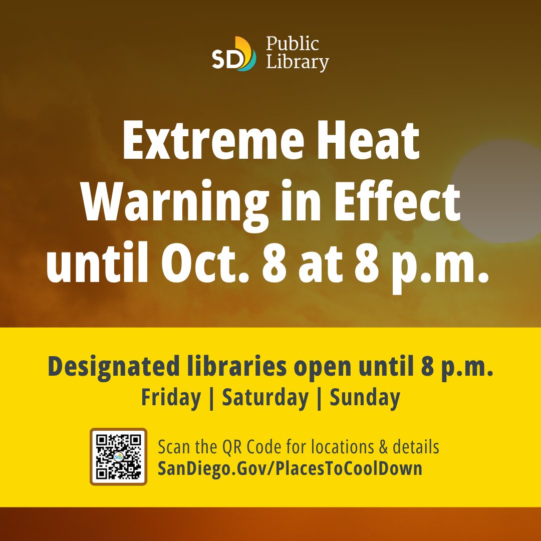 SDPublicLibrary's tweet photo. This weekend, select @CityofSanDiego cooling centers at libraries and rec centers have extended hours until 8 p.m. Find relief at SDPL! For location details, visit: https://t.co/NHW73LYFf9 https://t.co/Ncdhz2BWOD