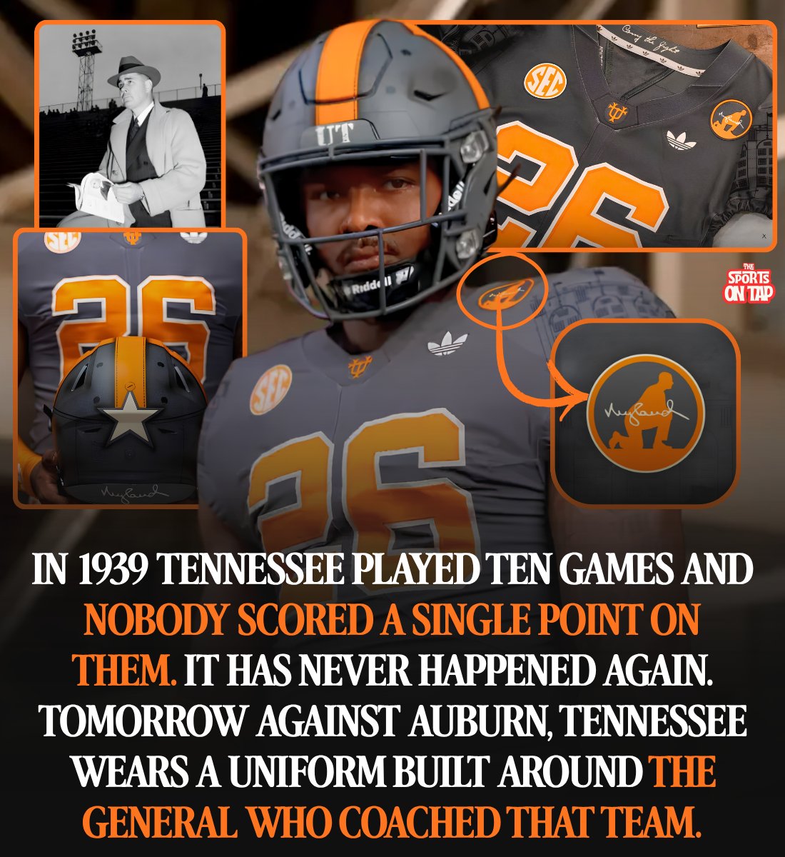 thesportsontap's tweet photo. In 1939, Tennessee played ten regular season games and won all ten by a combined score of 212 to 0.

Not one opponent scored a single point on them all year.

It has never happened again, and it never will.

Tomorrow against Auburn, Tennessee wears a uniform built entirely around the man who coached that team.

His name was Robert Neyland. Everybody called him the General, because he was one.

He graduated West Point in 1916, 28th in a class of 125. He played line in football, pitched the first no-hitter in the history of Army baseball, and won the academy boxing championship three years in a row.

Then he went to France to fight in World War I.

He took the Tennessee job in 1926. That was 100 years ago this season.

He wrote seven maxims and made his teams recite them before every game, starting in the 1930s. The first one is the team that makes the fewest mistakes will win. If you fumbled in practice, you carried a football with you everywhere for a week. You slept with it.

In 1938 his team went undefeated. In 1939 nobody scored on them. Four players off that 1939 team were All-Americans and three of them are in the Hall of Fame. Across those two seasons his defense went 71 straight quarters without surrendering a point.

Then Southern California beat them 14-0 in the Rose Bowl. Even that story has an ending nobody likes.

The Army pulled him out of coaching twice. Once in 1935. Then again in 1941.

In the second war he ran supply in the China Burma India theater, moving materiel through monsoons and over the Himalayas. He came home with the Distinguished Service Medal and the Legion of Merit and the rank of brigadier general.

He went back to Knoxville in 1946 and won an undisputed national championship in 1951, at 59 years old.

He finished 173-31-12.

Sports Illustrated later put him on its all century college football team. Not as the head coach. As the defensive coordinator.

Now look at what is on that uniform tomorrow.

A star on the back of the helmet for his rank. His actual signature on the helmet bumper. The kneeling silhouette they used to cast his statue. Blueprint lines on the shoulders taken from the 1948 stadium expansion, because he was Army Corps of Engineers and he helped build the place. An interlocking UT borrowed from baseball, for the pitcher he was at West Point.

Be honest, it is still an alternate jersey and adidas will sell plenty of them. That is how this works now.

But inside the back collar, in his own handwriting, are three words from the seventh maxim.

Carry the fight.

The only person who can see them is the player wearing it.