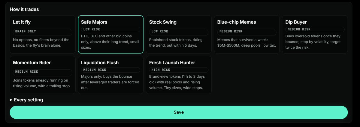 flydotai's tweet photo. Trader Flies are now live!   

Make sure you hold at least 200k flyai before you head to https://t.co/v0Ma8vVgnV to fund your NFT's to start autonomously trading.  
If you don't have a strategy we have multiple tested presets and many customizable settings.   

🪰 Here's some quick notes:

1. Each Trader Fly has its own wallet. You fund it with $10 USD minimum in either eth, usdg or flyai and the NFT can automatically trade live on Robinhood chain, Base, Poly Market and more!

2. Preset strategies are all paper tested with varied results. Trader Fly also offers several adjustable parameters so you may adapt your strategy and find what's best for you.

3. Any profits are yours until withdrawal. The platform will take a 10-0% fee which is reduced based on NFT rarity and the amount that you stake.

4. Lastly you may burn your Fly Pass which was airdropped to NFT holders to receive some money.

5. Powered by the @Treasure_DAO for extra added security!

More in depth information available on the website. Good luck! 🪰🌕
