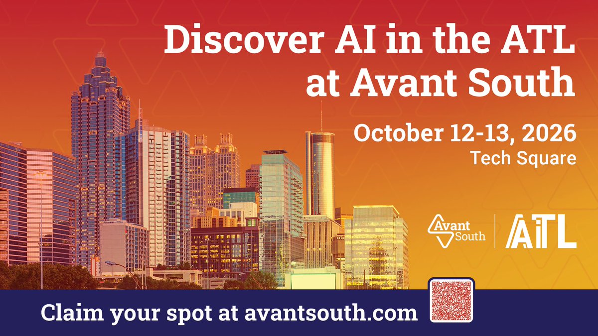 TechSqATL's tweet photo. Avant South 2026 is coming up soon. 🌇

Avant South is an annual event that highlights culture, innovation, and technology in ATL and advances the city's position as the leading technology hub of the South.

This year's theme is AI in Action.  Panels and sessions will explore how AI is transforming all industries, from media to healthcare. 

📆 Oct. 12 -23
📍 Tech Square

 Secure your spot and buy tickets here: https://t.co/Rid6geyr53