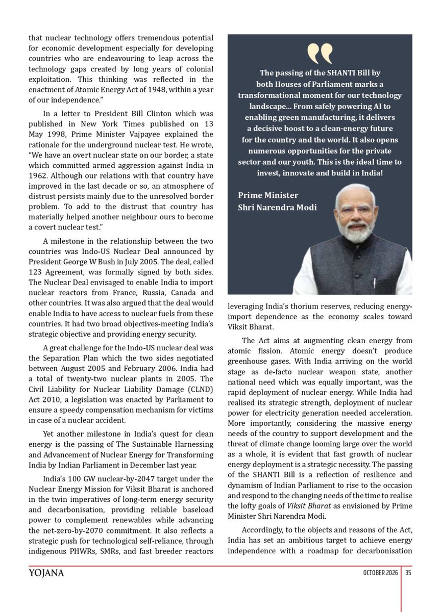harshvshringla's tweet photo. I have always believed that India’s nuclear journey is about more than energy or strategic strength. It reflects our resilience, self-reliance and determination to shape our own future.

When I spoke in Parliament on the SHANTI Bill in December 2025, I highlighted the need for an investment-ready framework to take India’s civil nuclear sector towards the ambitious goal of 100 GW by 2047, while ensuring strong governance, safety and national security.

In my latest article in @YojanaJournal, “India’s Nuclear Churning for Viksit Bharat,” co-authored with Dr. Rup Narayan Das, Editor of the Journal of Parliamentary Information, I reflect on this journey and the transformative possibilities opened by the SHANTI Act as India moves towards a cleaner, more secure and self-reliant energy future.

@narendramodi @PMOIndia @AmitShah @NitinNabin @BJP4India @DPD_India

#ViksitBharat #AtmanirbharBharat #ViksitBharat2047 #SHANTIAct #SelfReliantIndia #NuclearIndia