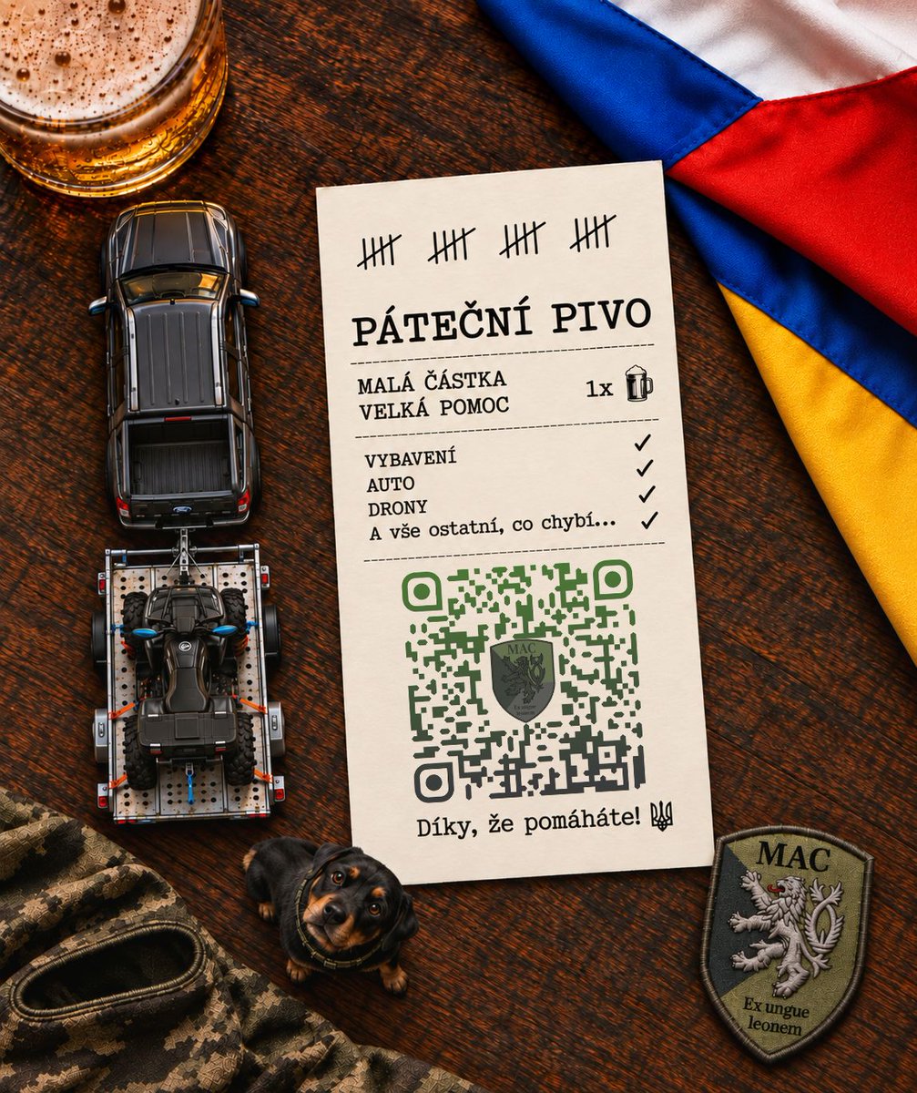 Mac_Volonter's tweet photo. 🍺 PÁTEČNÍ PIVO

Dnes jste viděli, co dokážeme společně poslat na Ukrajinu.

🚗 Auta.
🏍️ Čtyřkolku.
📡 Starlinky.
⚡ Technologické vybavení.

Stačí, když nás bude hodně.
🍺 Jedno si dejte a jedno pošlete na Ukrajinu.

👉 https://t.co/ov1ulRJc6Y 

Do poznámky: PÁTEČNÍ PIVO 🇨🇿🇺🇦

Díky, že pomáháte ❤️
#MacVolonter #PatecniPivo #Ukrajina