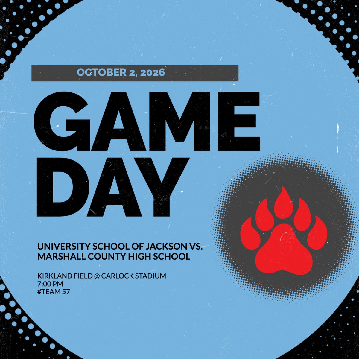 USJBruinFB's tweet photo. Gameday.....Week 7!!!! 
🆚 Marshall County 
📅 10.2.2026 
🕖 7:00 
📍Kirkland Field at Carlock Stadium https://t.co/oBOxdprZis
