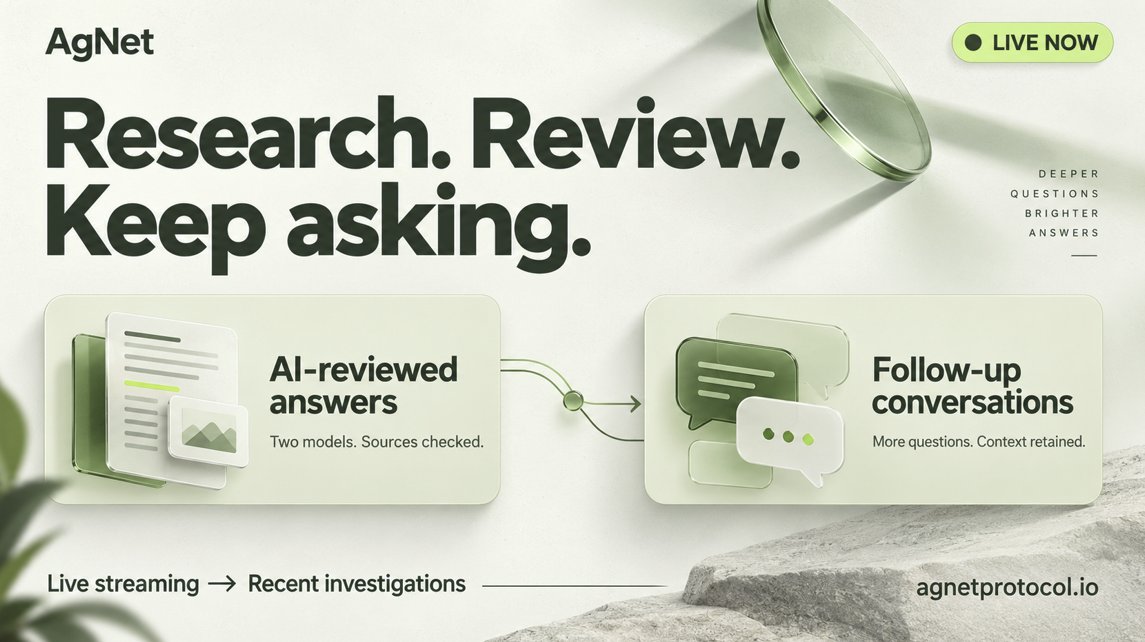 agnetprotocol's tweet photo. Two new ways to go deeper on AgNet:

• AI reviewed answers: a second model checks sources and flags corrections.
• Follow up questions that keep the conversation’s context.

Find them in Live streaming → Recent investigations. https://t.co/iKBttxPSBl