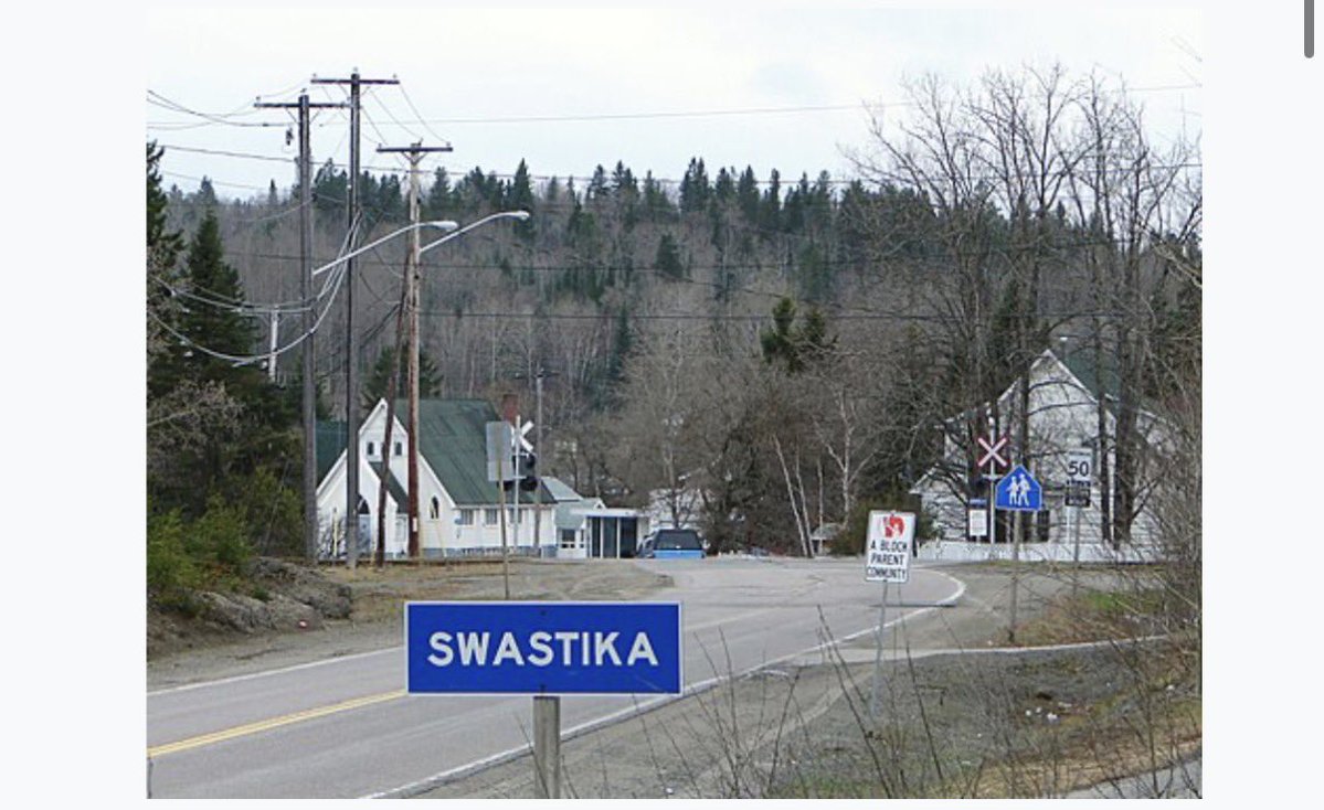 SolaTheAnalyst's tweet photo. Swastika, Ontario 📍

In WWII the province ripped the sign down and renamed the town Winston. 

Locals put it back up: “To hell with Hitler, we had it first.” https://t.co/pkEZNrNgPG