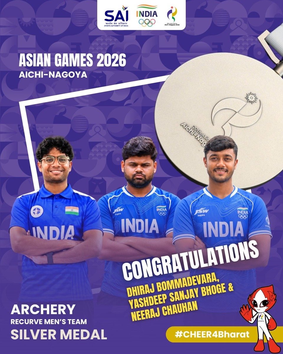 AmitShah's tweet photo. Congratulations, Dhiraj Bommadevara, Yashdeep Sanjay Bhoge, and Neeraj Chauhan, on winning the Silver medal🥈at the #AsianGames2026 in the Archery Recurve Men’s Team event. Your performance is in itself glowing praise for ndian archery. All the best for your future competitions. https://t.co/4RGzkHmc9Q