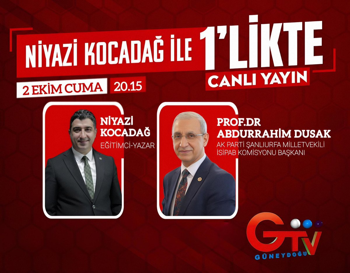 ProfDrDusak's tweet photo. 📺 Birazdan canlı yayındayız!

Güneydoğu TV ekranlarında, Eğitimci-Yazar Niyazi Kocadağ’ın sunduğu “1’likte” programının canlı yayın konuğu olacağız.

Şanlıurfa’mızı, Şehir Hastanemizi, TEKNOFEST’i, yatırımlarımızı ve saha çalışmalarımızı konuşacağız.

🕗 20.15

📍 Güneydoğu TV

Ekran başında buluşmak dileğiyle…

@niyazikocadag @Guneydogu_TV