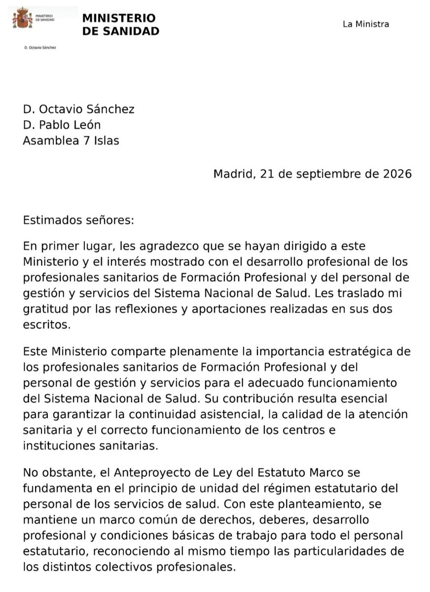 Asamblea7islas's tweet photo. 🥷🫵CARTA DE LA MINISTRA DE SANIDAD A LA ASAMBLEA7ISLAS DEJA MUY CLARO LA DEFENSA DE TODAS LAS CATEGORÍAS DE LOS GRUPOS C,D y E PARA LA RECLASIFICACION 🫵🥷 https://t.co/D2eBnLxkUI