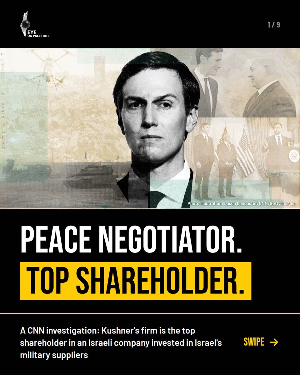 EyeonPalestine's tweet photo. CNN found Jared Kushner’s firm Affinity Partners is the largest shareholder in Phoenix Financial, an Israeli group that invested at least $456 million in nine defense-linked companies, including at least $265.1 million in Elbit Systems, whose bombs and tank shells have been tied to Israeli strikes killing Palestinians in Gaza. Kushner doubled his Phoenix stake in January 2025, five days before Trump took office, then returned as a Gaza ceasefire broker. This raises conflict-of-interest concerns because Kushner is involved in US diplomacy while his firm profits from weapons, and he faces no official financial disclosure rules.