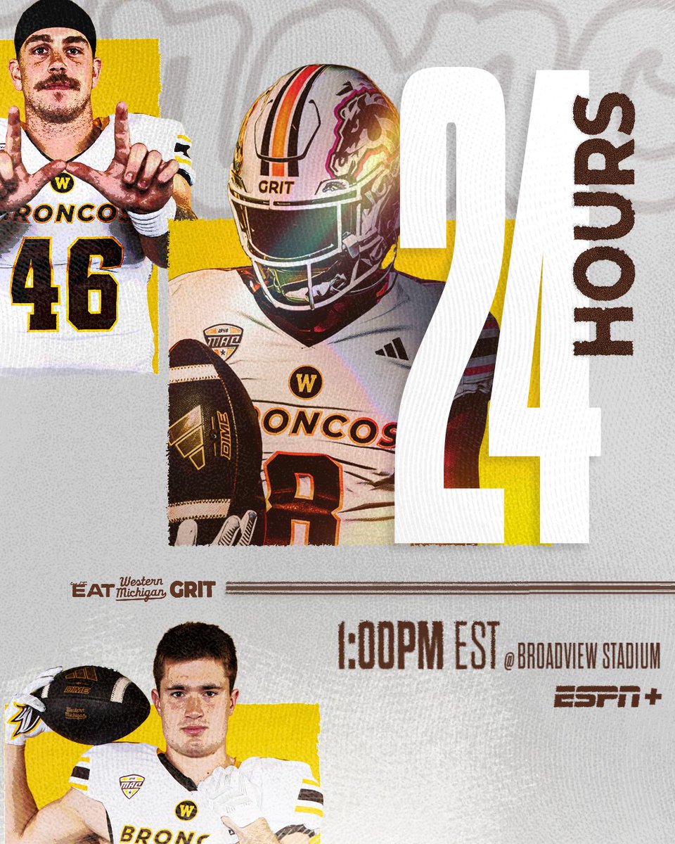 WMU_Football's tweet photo. 𝟮𝟰 𝙝𝙤𝙪𝙧𝙨...
One day from MAC play. 
1PM Saturday | at Buffalo | ESPN+

#theGOLDstandard📈 https://t.co/EZq70JJEiH