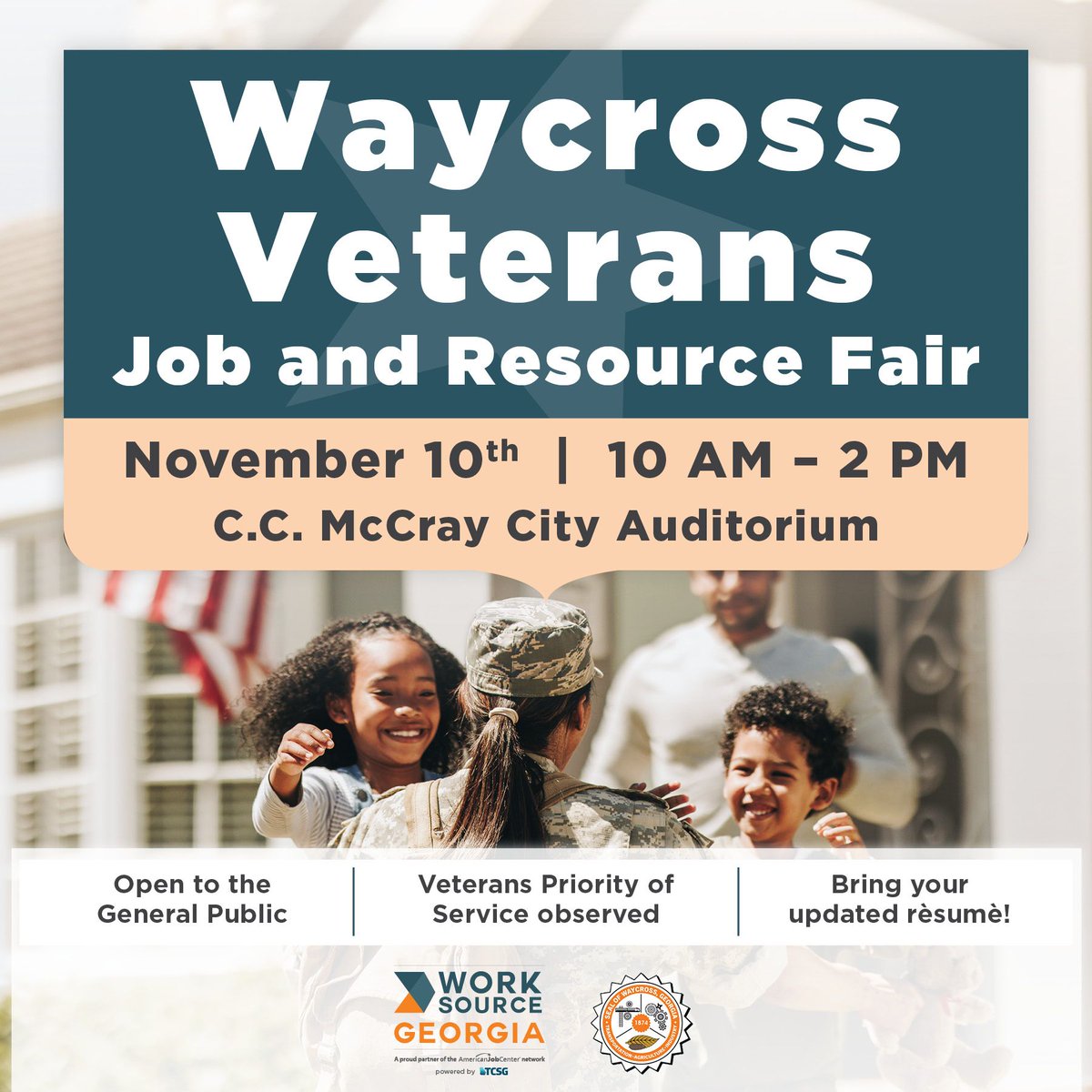 WorkSourceGA's tweet photo. Waycross Veterans Job and Resource Fair
Event is FREE and Open to the General Public - Come ready to apply! 

C.C. McCray City Auditorium - 865 Pendleton St
November 10 | 10AM-2PM

Register for FREE  at https://t.co/Q8lYwdlDd7

#waycrossga #veterans #jobfair #hiringveterans https://t.co/zK2QFBXrcg