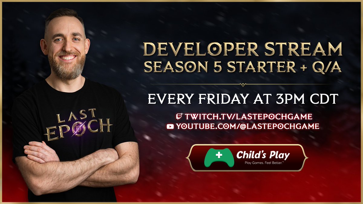 LastEpoch's tweet photo. Come join Mike @ 3pm CDT, live on Twitch! This week we're discussing Season 5 starter builds!

Link: https://t.co/PP4uFUO0Ui 

We have chosen Child's Play as our charity for this stream.

#DevStream #ARPG #LastEpoch https://t.co/42XRgP02Mr