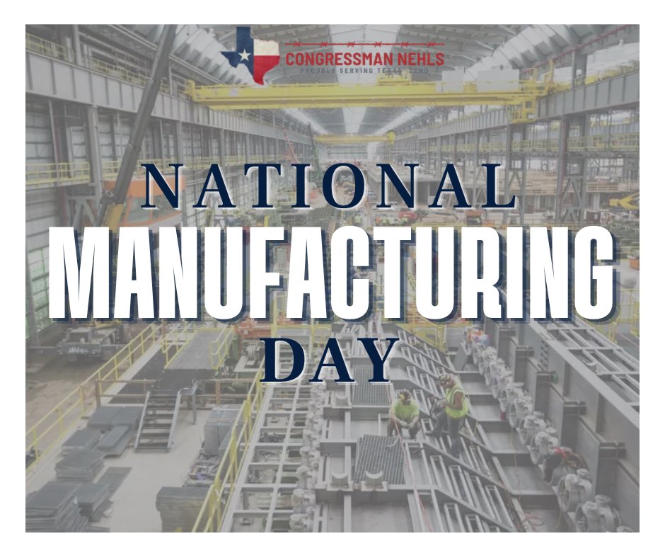 A promotional graphic overlays large lettering on a photograph of a factory floor. Workers and industrial equipment are visible, with yellow railings and overhead cranes. A small logo and text appear at the top.