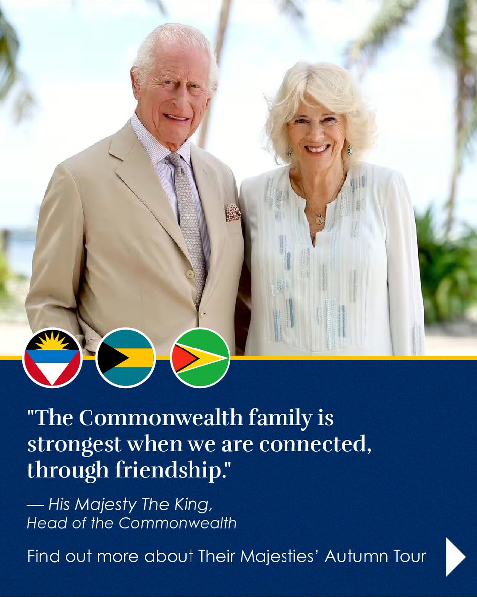 RoyalFamily's tweet photo. 🇧🇸🇬🇾🇦🇬 Further details of The King and Queen’s Autumn Tour to The Bahamas, Guyana and Antigua and Barbuda have been released.

Keep an eye on The Royal Family channels and https://t.co/CRXR3hyuye for more on Their Majesties’ tour. https://t.co/0pwLV5EQ2h
