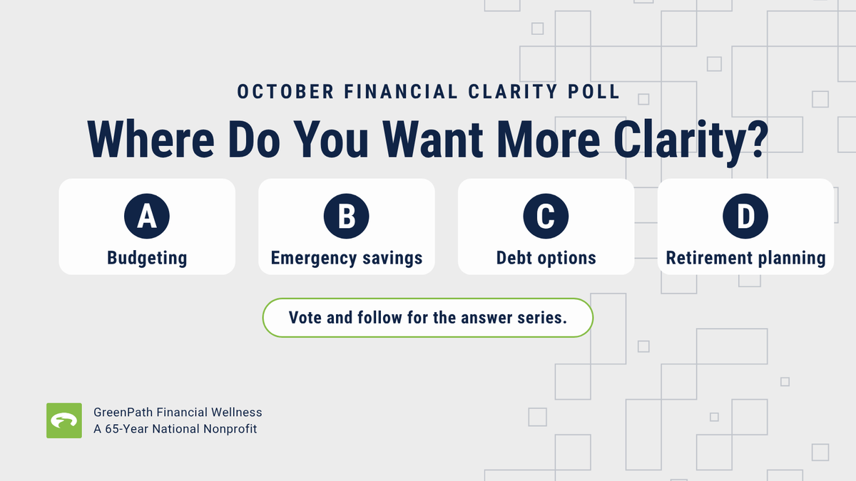 GreenPath's tweet photo. October financial clarity poll: 
A) Budgeting 
B) Emergency savings 
C) Debt options 
D) Retirement planning. 
Reply with A, B, C or D and we'll build upcoming tips around your answers!

#FinancialWellness #GreenPath https://t.co/8sgWi2D3MS