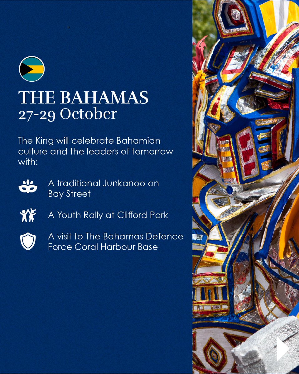 RoyalFamily's tweet photo. 🇧🇸🇬🇾🇦🇬 Further details of The King and Queen’s Autumn Tour to The Bahamas, Guyana and Antigua and Barbuda have been released.

Keep an eye on The Royal Family channels and https://t.co/CRXR3hyuye for more on Their Majesties’ tour. https://t.co/0pwLV5EQ2h