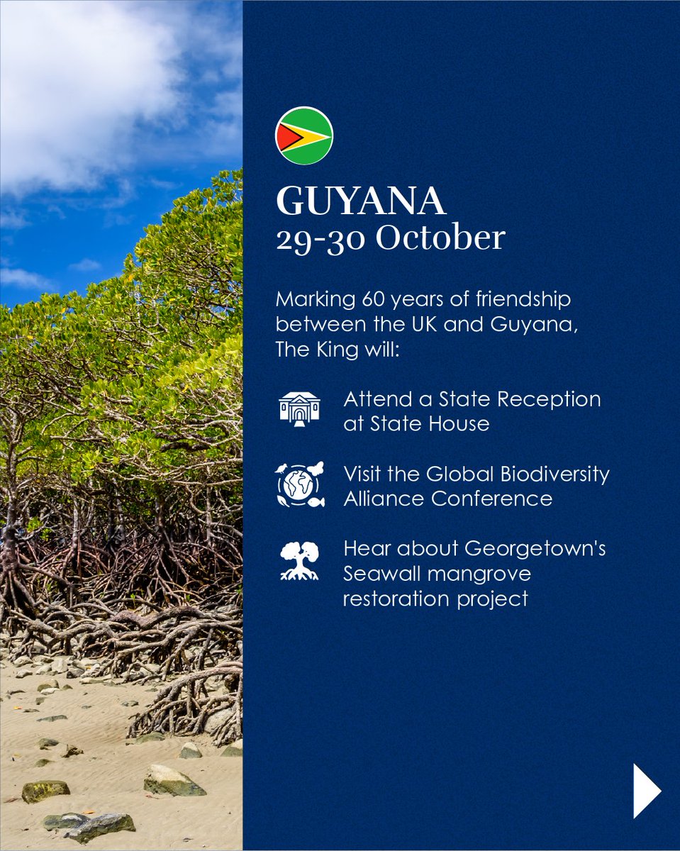 RoyalFamily's tweet photo. 🇧🇸🇬🇾🇦🇬 Further details of The King and Queen’s Autumn Tour to The Bahamas, Guyana and Antigua and Barbuda have been released.

Keep an eye on The Royal Family channels and https://t.co/CRXR3hyuye for more on Their Majesties’ tour. https://t.co/0pwLV5EQ2h