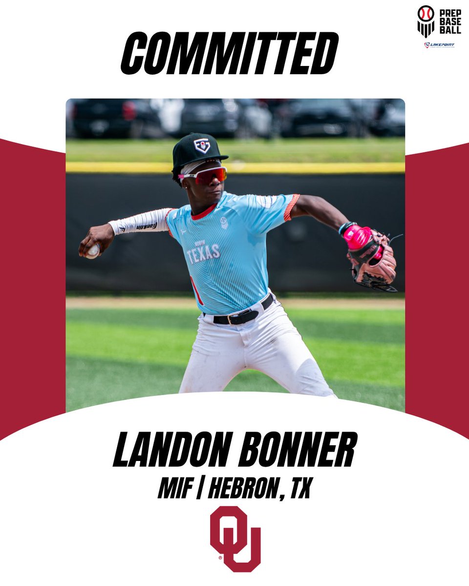 A "Committed" graphic from Prep Baseball announcing that Landon Bonner, a middle infielder from Hebron, Texas, has committed to play baseball at the University of Oklahoma. The image shows Bonner in a light blue Texas jersey mid-pitch, with the Oklahoma Sooners logo displayed below his name.