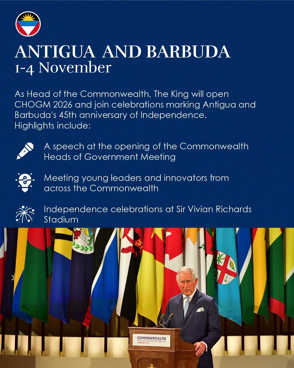 RoyalFamily's tweet photo. 🇧🇸🇬🇾🇦🇬 Further details of The King and Queen’s Autumn Tour to The Bahamas, Guyana and Antigua and Barbuda have been released.

Keep an eye on The Royal Family channels and https://t.co/CRXR3hyuye for more on Their Majesties’ tour. https://t.co/0pwLV5EQ2h