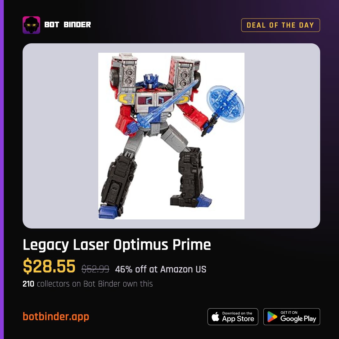 BotBinderApp's tweet photo. 210 collectors on Bot Binder own Laser Optimus Prime. The original was a Japan mail-away exclusive. $28.55 for gold Prime feels like a pricing error.

https://t.co/tJdGnOWNTI
#Transformers #LaserOptimusPrime

Track deals like this. Join us on Bot Binder. https://t.co/VAl5FUPgk3