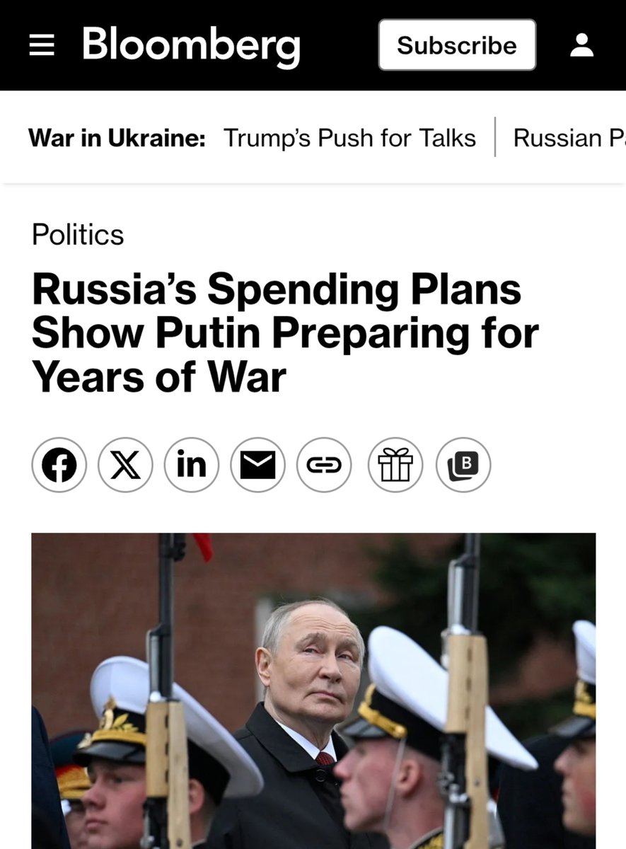 BohuslavskaKate's tweet photo. Russia is preparing for the war in Ukraine to continue for years by planning record war spending, abandoning plans to rein in military outlays - Bloomberg

"Russia wants peace" crowd has anything to add? 

Russia doesn't want peace, it wants Ukraine to surrender. https://t.co/JiBX2BovvL