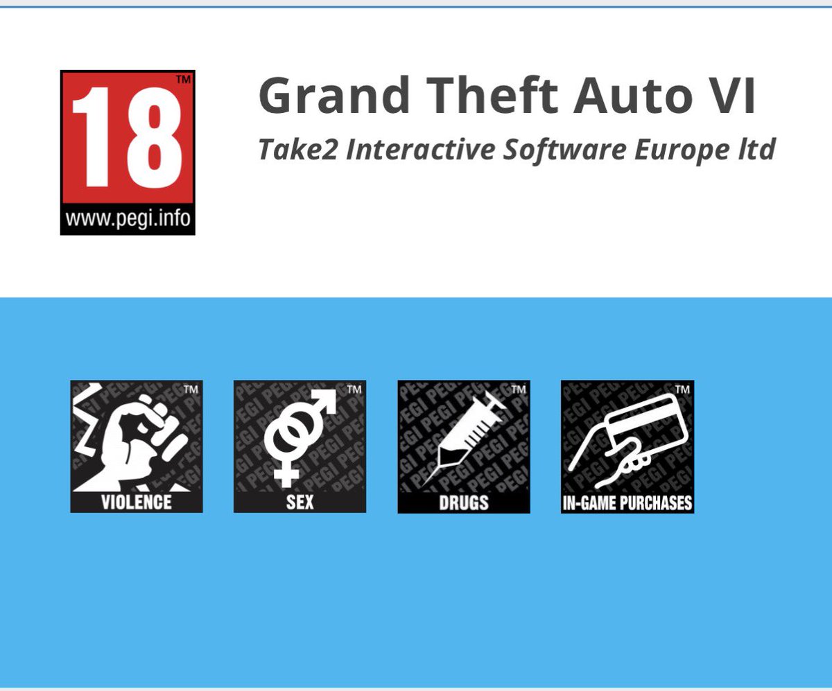 videotech's tweet photo. Grand Theft Auto VI’s PEGI rating is now available revealing new details about the game:

• You can snort cocaine
• Drugs can be used during gameplay 
• Sexual intercourse scenes  
• “Occasional” sexual fetish scenes 
• Pay for private dancers where the player can move their hands around the stripper

Source:  https://t.co/kAQrX8rw1C