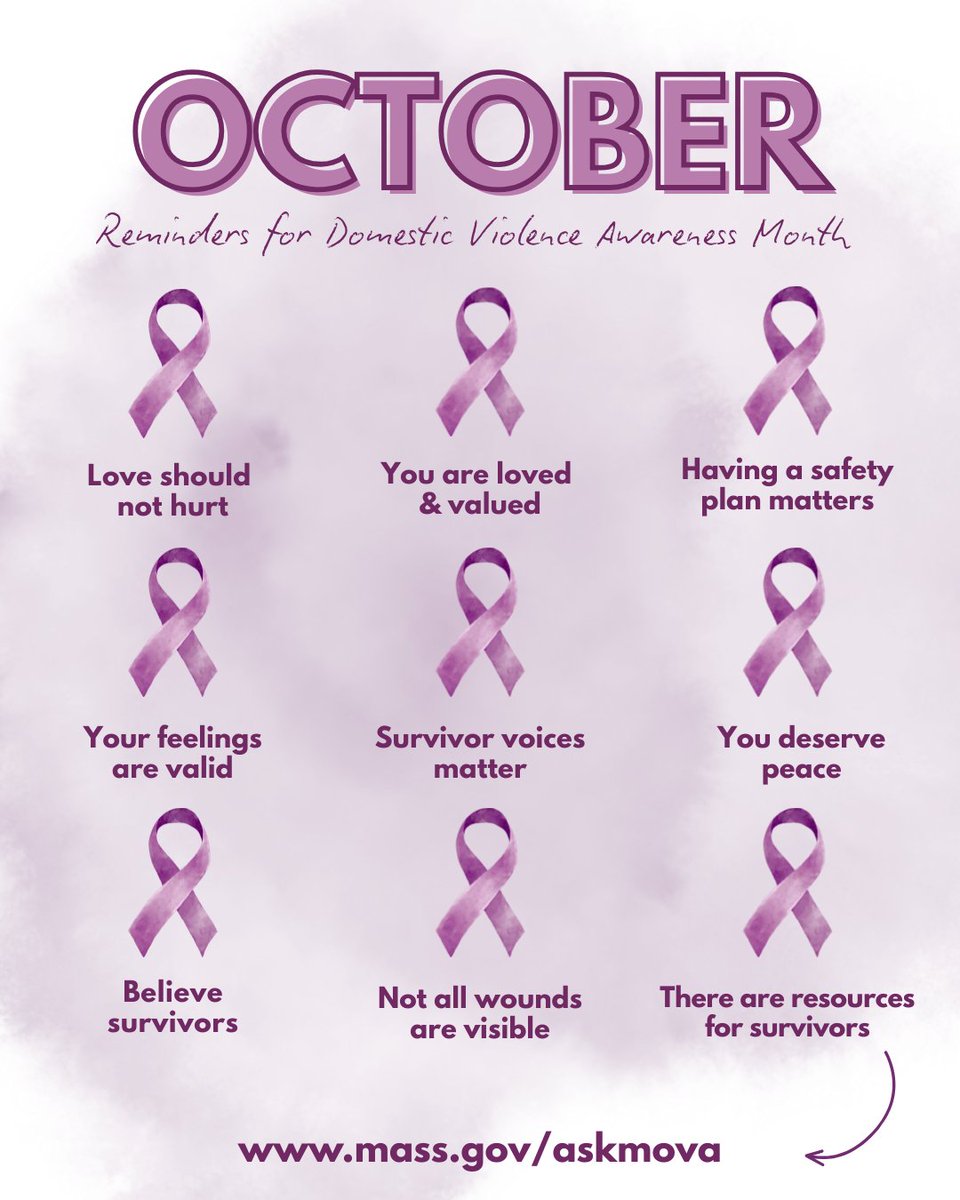 MassMOVA's tweet photo. October reminders for Domestic Violence Awareness Month… 🫂

💜AskMOVA has free and local resources for survivors of domestic violence. If you or someone you know has been impacted by violence, #DVAM resources are available 👇 https://t.co/o3HqjBQxnY
#WithSurvivors #DVAM2026 https://t.co/0ygCPq7Z6N