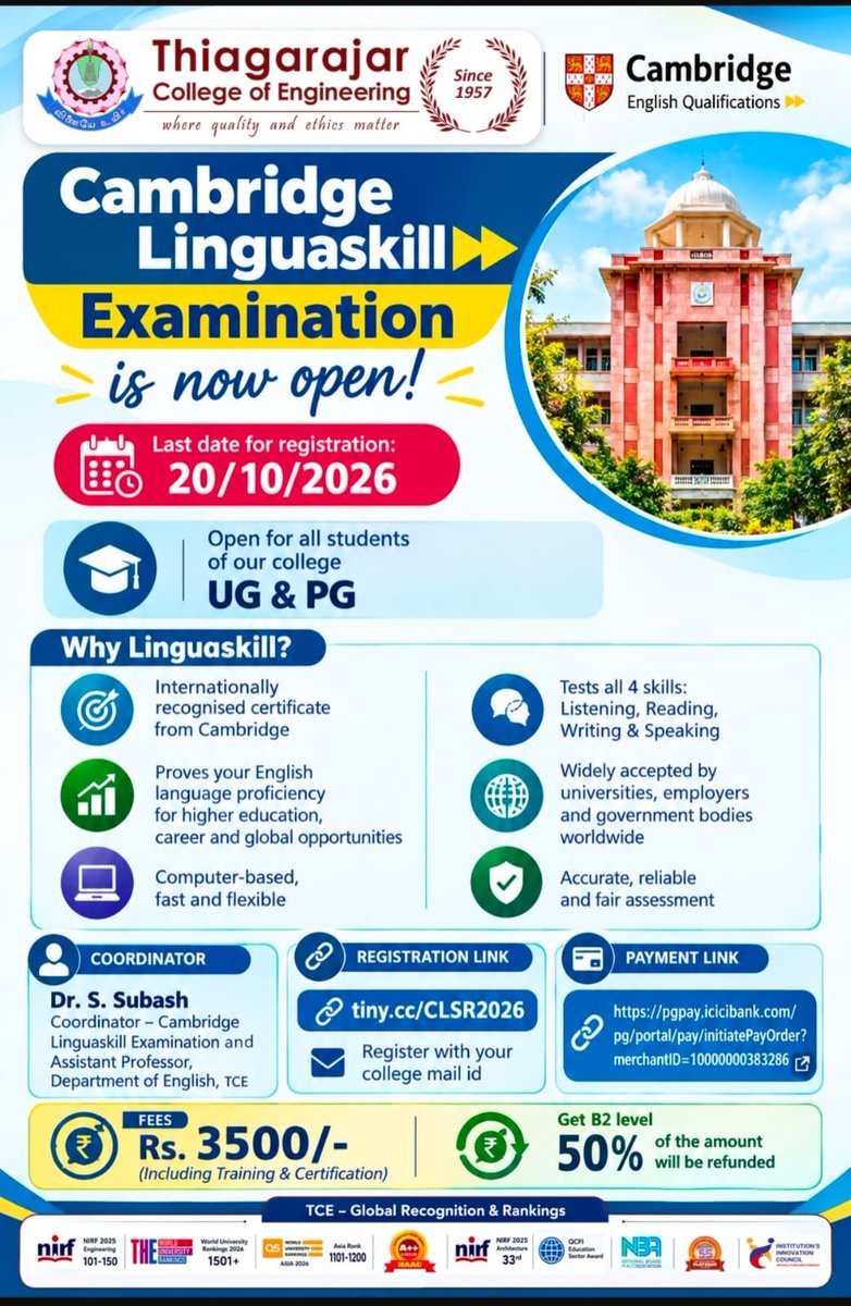tceofficialpage's tweet photo. 🌐🎓 Cambridge Linguaskill 2026 at TCE! UG & PG students can earn an internationally recognised English certification. 💬🌍 Register by 20 Oct | Fee ₹3,500 | B2 = 50% refund! #TCE #Linguaskill #CambridgeEnglish https://t.co/zsohncYIHA