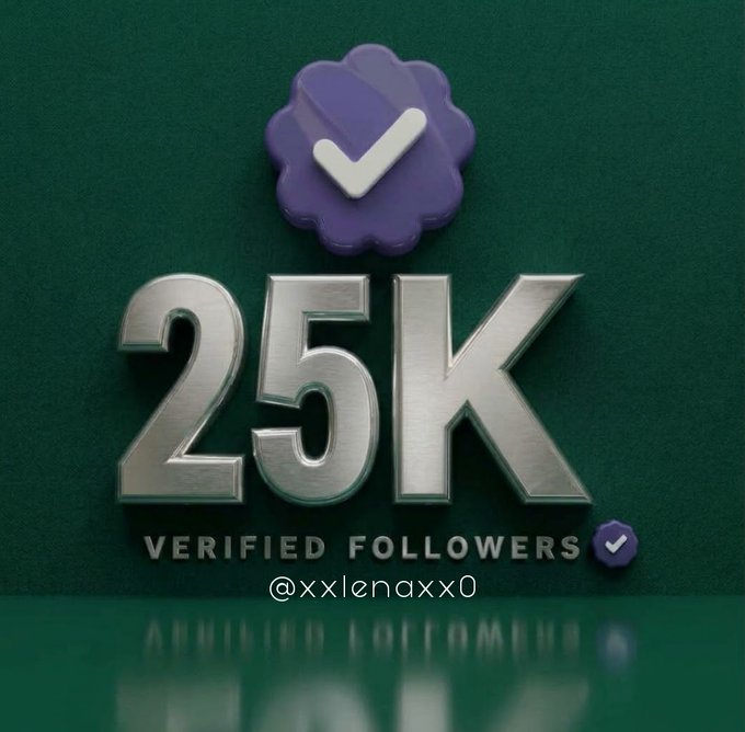 A social media milestone graphic celebrating "25K VERIFIED FOLLOWERS" with a purple verification badge on a green background, tagged @xxlenaxx0.