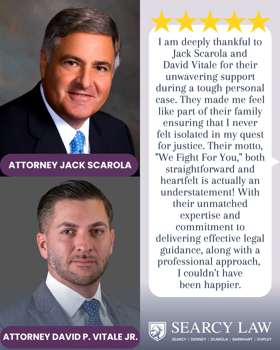 SearcyTalk's tweet photo. Five-Star Feedback for Jack Scarola and David P. Vitale Jr.!
Trust is earned through dedication, experience, and a commitment to clients. We’re proud to share this five-star review for Jack Scarola and David P. Vitale, whose work reflects the personal attention that defines Searcy Law.