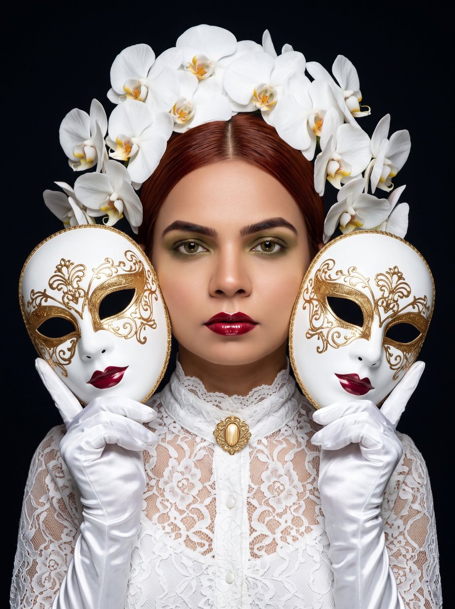 runaroseee's tweet photo. A pale woman crowned with white flowers holds two golden patterned masks beside her face, her bold red lips and calm gaze creating a mysterious and elegant masquerade mood. https://t.co/fQ974WZo2x