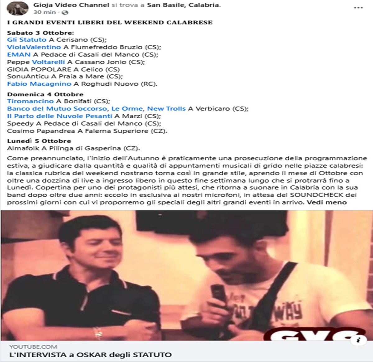 gioja_channel's tweet photo. #venerdì #2ottobre2026. Torna la #rubrica sui grandi #Eventi a #ingressolibero del #weekend calabrese. Ecco chi ci sarà in #Calabria da #Sabato #3ottobre a #Lunedì #5ottobre. Guarda il #video a questo #link: https://t.co/Tt9UUL6PAx #live #music #autumn #concerts https://t.co/Bt4YUlMDIX