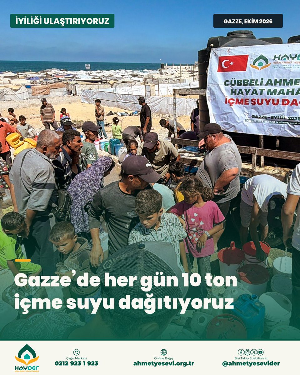 ahmetyesevider's tweet photo. Gazze’de kurduğumuz Cübbeli Ahmet Hoca Hayat Mahallesi'nde her gün 10 ton içme suyunu kardeşlerimize ulaştırıyoruz. 🇹🇷🇵🇸

İçme suyuna erişimin hayati önem taşıdığı Gazze’de, ailelerin günlük su ihtiyacına destek oluyoruz. Her dağıtımda bağışçılarımızın emanetlerini ihtiyaç sahiplerine teslim ediyoruz.

Siz de su desteğimize katkıda bulunabilirsiniz.

💧 Bir ton içme suyu bedeli 2.500 TL

💳 Hoca Ahmet Yesevi Yardımlaşma ve Dayanışma Derneği
TR30 0020 9000 0032 8619 0000 01 (Ziraat Katılım Bankası, TL Hesap Bilgisi)
Açıklama: Tel No - Gazze Su - Ad Soyad

📲 GAZZE yaz, 7153'e SMS gönder, 90 TL bağışla
☎️ HAYDER İletişim Merkezi: 0212 923 1 923
🔗 Online Bağış: https://t.co/zRd5NyccVc

#Gazze #Filistin #Gaza #Palestine